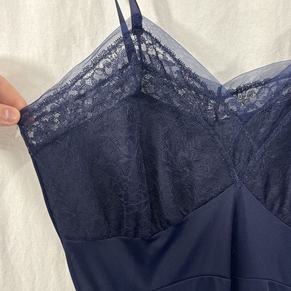 Van Raalte Opaquelon Vtg Navy Blue Lace Pleated Slip Dress Sz 34/S Coquette Glam
